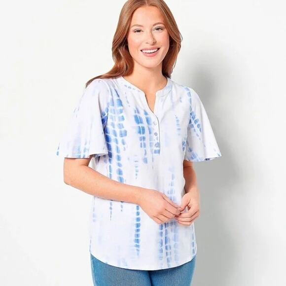 Belle by Kim Gravel Women's Flutter Sleeve Tie-Dye Top Blue White Size 2X NWT - Picture 1 of 8